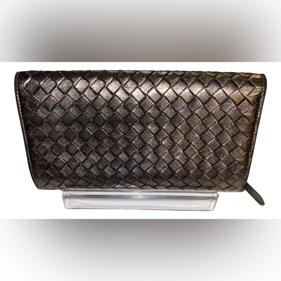 🖤 Bottega Veneta Intrecciato Leather Flap Top Snap Continental Wallet Metallic - Picture 3 of 14